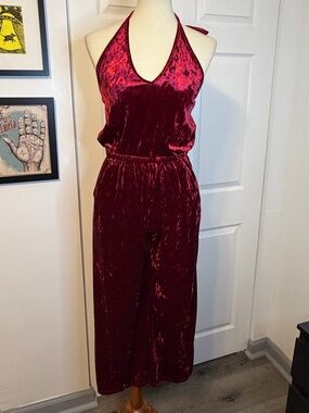 Velvet Don’t Ask Why Halter Jumpsuit - Wine Red